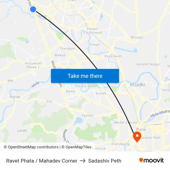 Ravet Phata / Mahadev Corner to Sadashiv Peth map