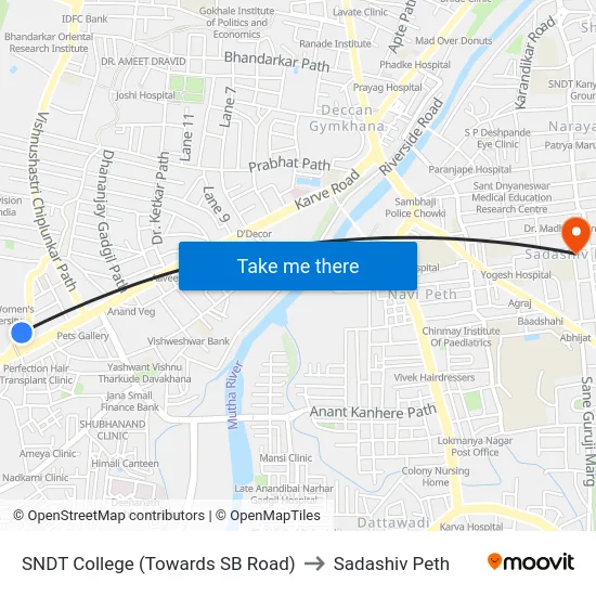 SNDT College (Towards SB Road) to Sadashiv Peth map