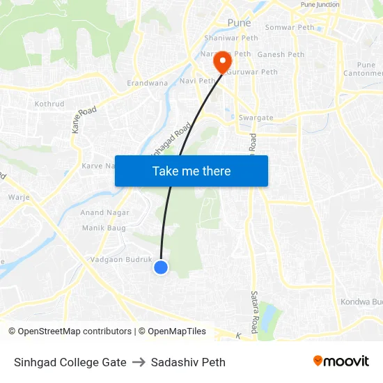 Sinhgad College Gate to Sadashiv Peth map