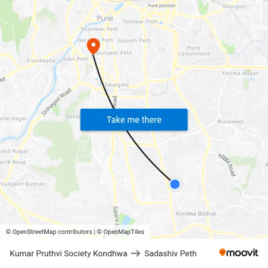 Kumar Pruthvi Society Kondhwa to Sadashiv Peth map