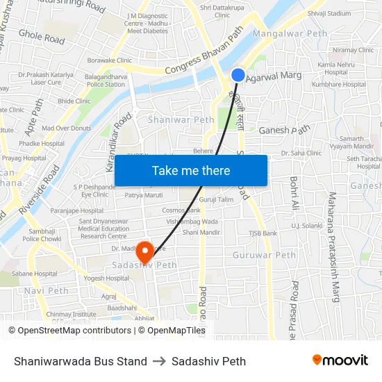 Shaniwarwada Bus Stand to Sadashiv Peth map