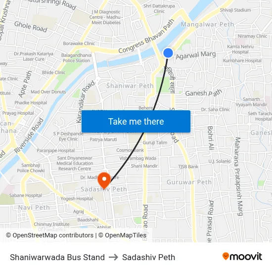 Shaniwarwada Bus Stand to Sadashiv Peth map
