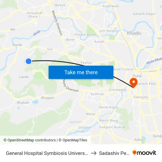 General Hospital Symbiosis University to Sadashiv Peth map