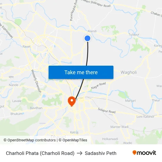 Charholi Phata (Charholi Road) to Sadashiv Peth map