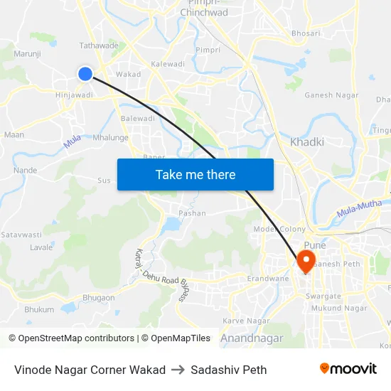 Vinode Nagar Corner Wakad to Sadashiv Peth map