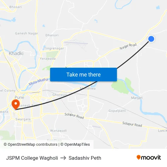 JSPM College Wagholi to Sadashiv Peth map