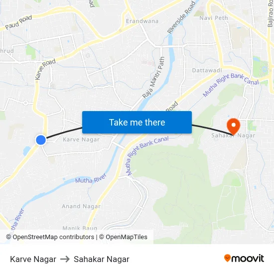 Karve Nagar to Sahakar Nagar map