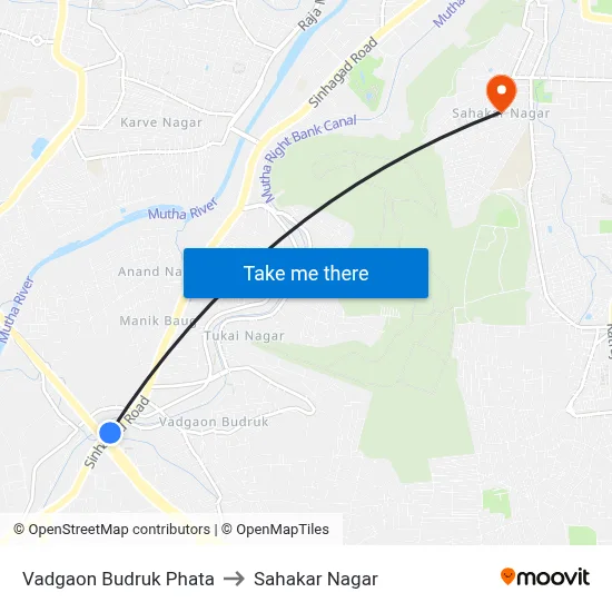 Vadgaon Budruk Phata to Sahakar Nagar map