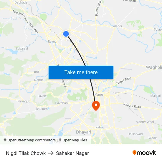 Nigdi Tilak Chowk to Sahakar Nagar map