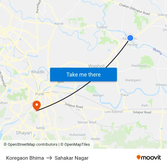 Koregaon Bhima to Sahakar Nagar map