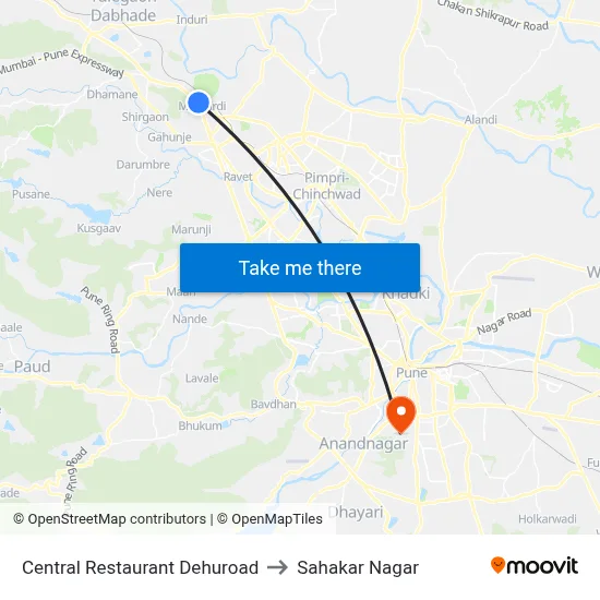 Central Restaurant Dehuroad to Sahakar Nagar map