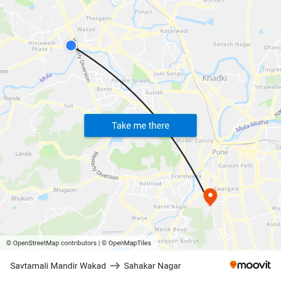 Savtamali Mandir Wakad to Sahakar Nagar map