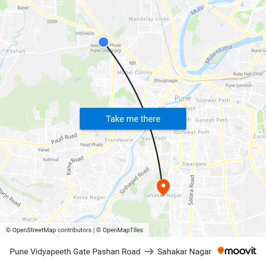 Pune Vidyapeeth Gate Pashan Road to Sahakar Nagar map