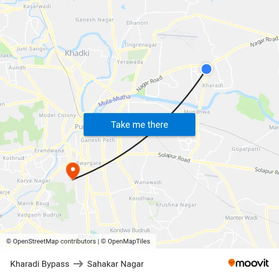 Kharadi Bypass to Sahakar Nagar map