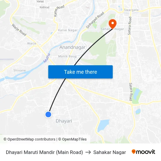 Dhayari Maruti Mandir (Main Road) to Sahakar Nagar map