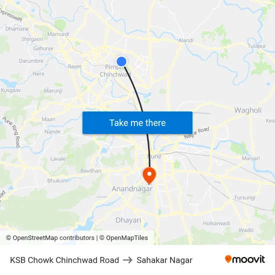 KSB Chowk Chinchwad Road to Sahakar Nagar map