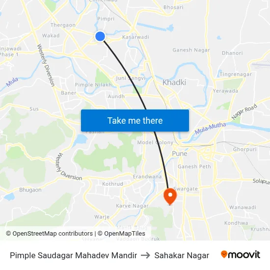 Pimple Saudagar Mahadev Mandir to Sahakar Nagar map