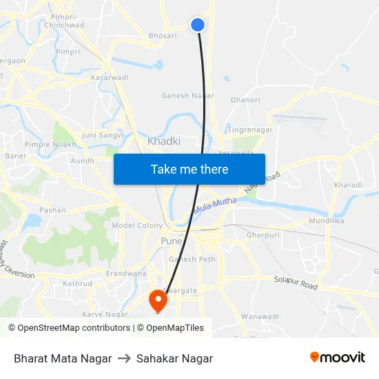 Bharat Mata Nagar to Sahakar Nagar map