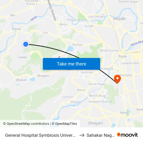 General Hospital Symbiosis University to Sahakar Nagar map