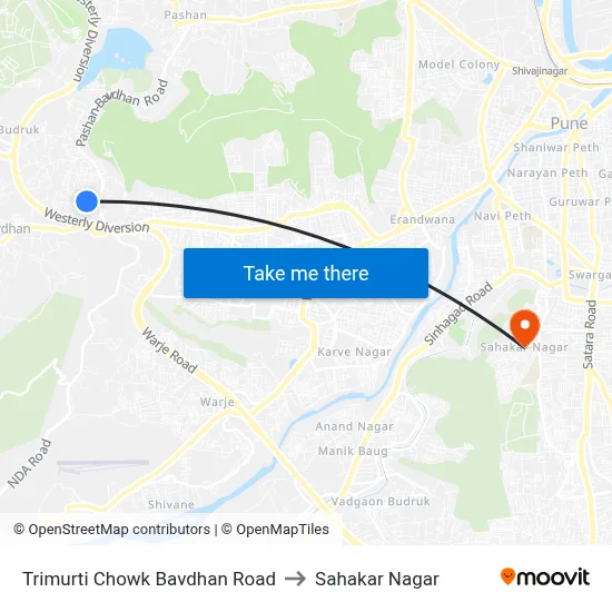 Trimurti Chowk Bavdhan Road to Sahakar Nagar map