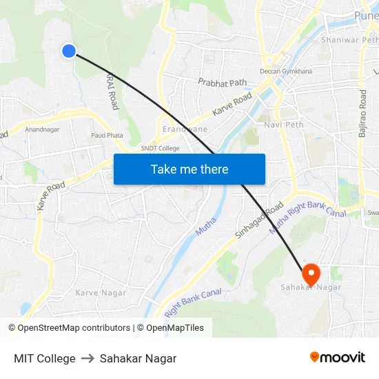 MIT College (Kothrud) to Sahakar Nagar map