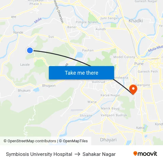 Symbiosis University Hospital to Sahakar Nagar map