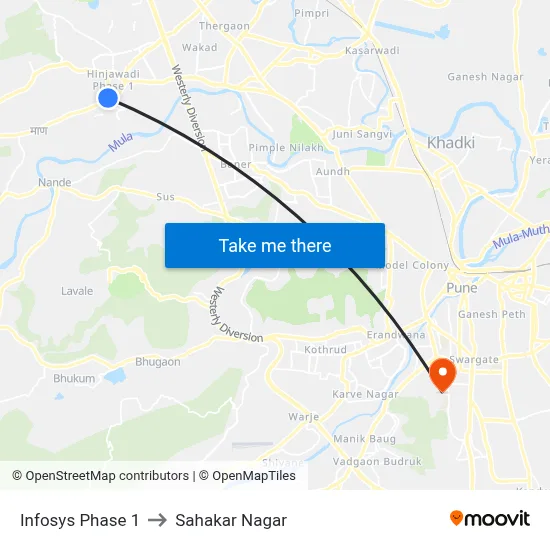 Infosys Phase 1 to Sahakar Nagar map