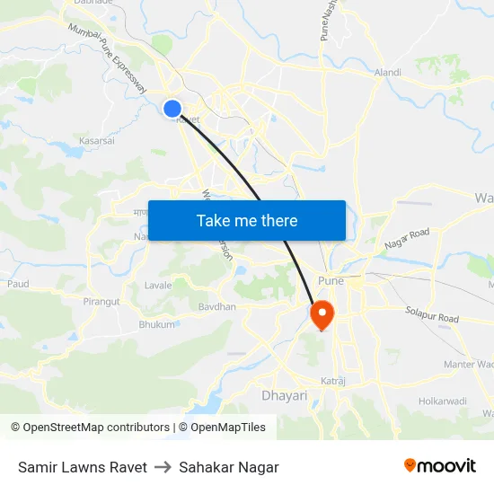 Samir Lawns Ravet to Sahakar Nagar map