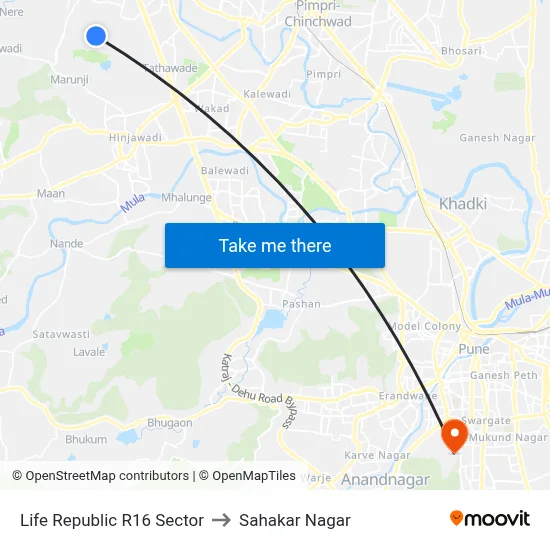 Life Republic R16 Sector to Sahakar Nagar map