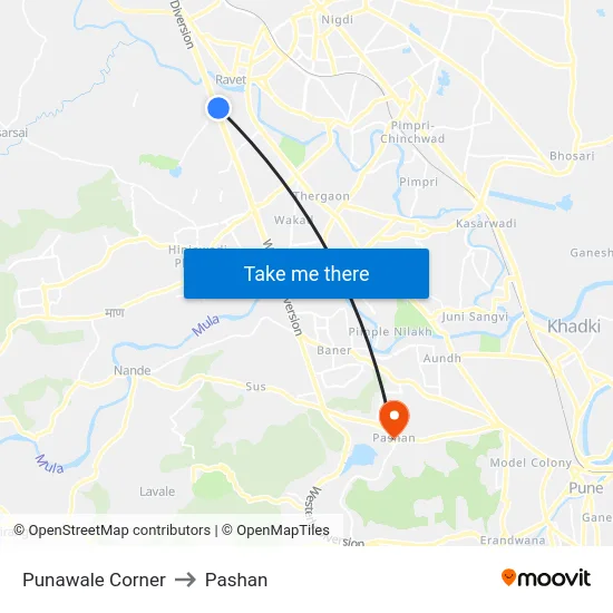 Punawale Corner to Pashan map