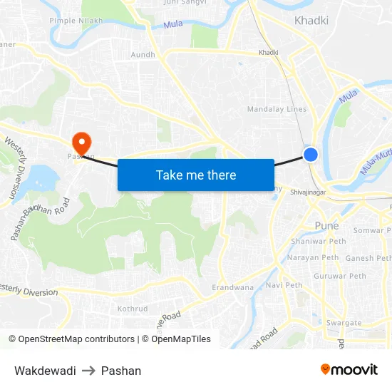 Wakdewadi to Pashan map