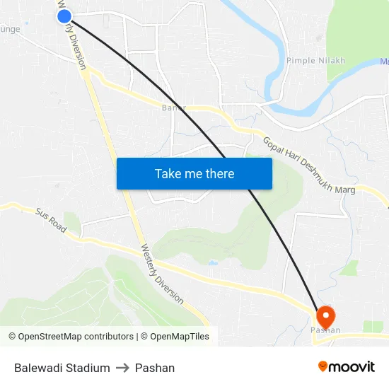 Balewadi Stadium to Pashan map