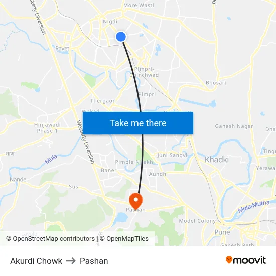 Akurdi Chowk to Pashan map