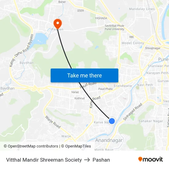 Vitthal Mandir Shreeman Society to Pashan map