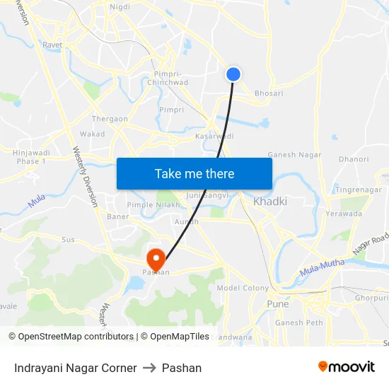 Indrayani Nagar Corner to Pashan map