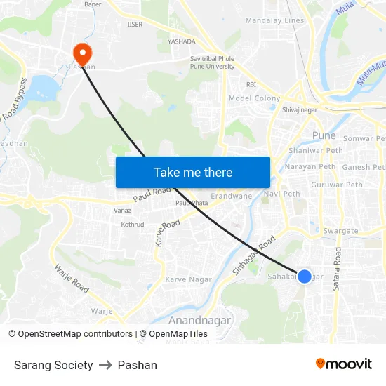Sarang Society to Pashan map