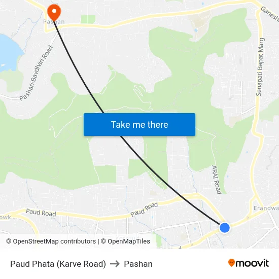 Paud Phata (Karve Road) to Pashan map