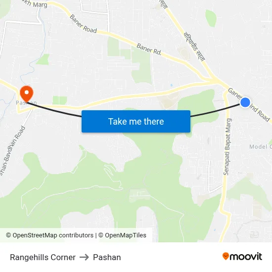 Rangehills Corner to Pashan map