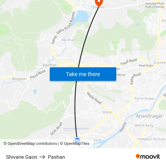 Shivane Gaon to Pashan map