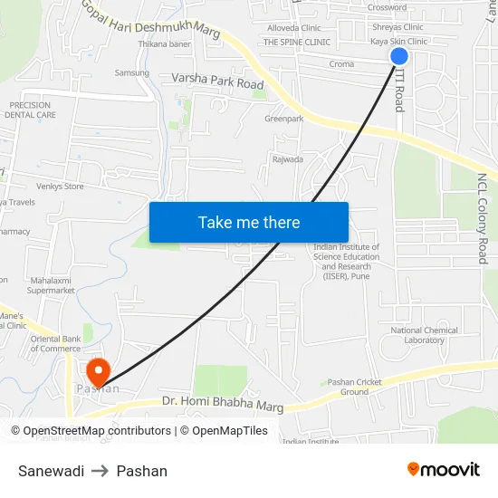 Sanewadi to Pashan map