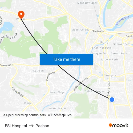 ESI Hospital to Pashan map