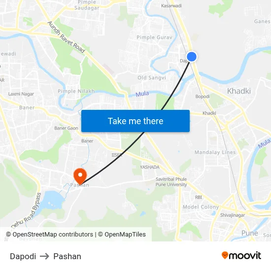 Dapodi to Pashan map