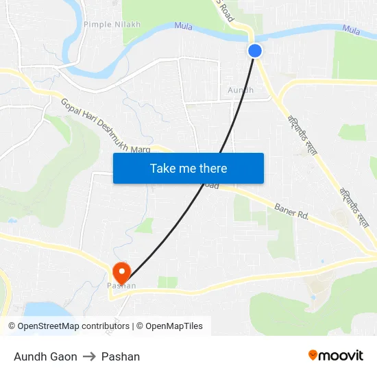 Aundh Gaon to Pashan map