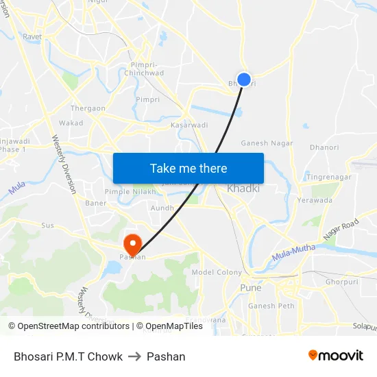 Bhosari P.M.T Chowk to Pashan map