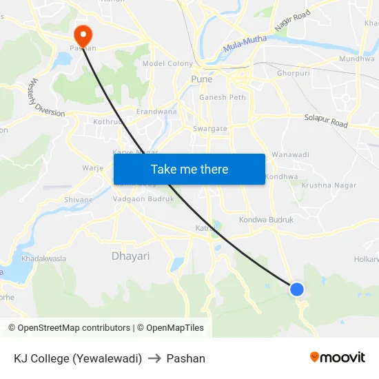 KJ College (Yewalewadi) to Pashan map