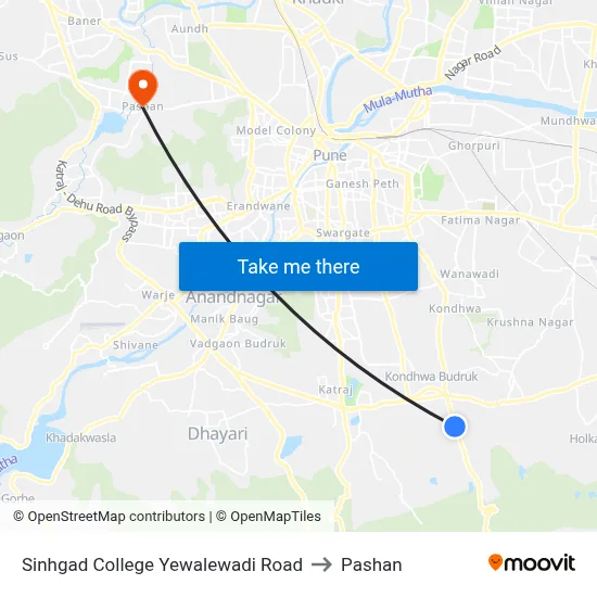 Sinhgad College Yewalewadi Road to Pashan map