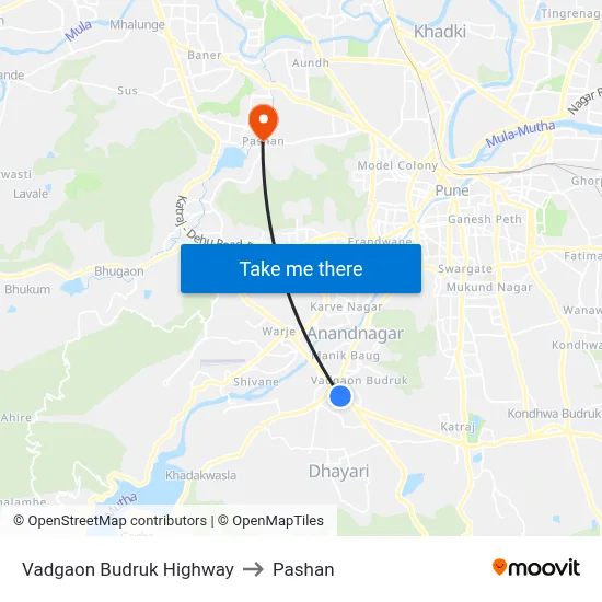 Vadgaon Budruk Highway to Pashan map