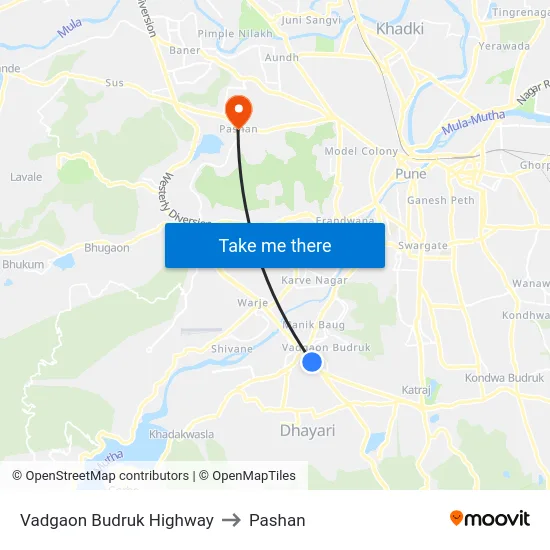 Vadgaon Budruk Highway to Pashan map