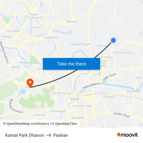 Kamal Park Dhanori to Pashan map