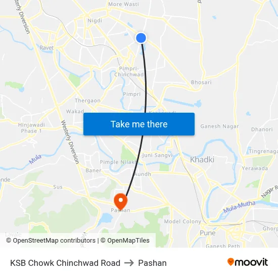 KSB Chowk Chinchwad Road to Pashan map